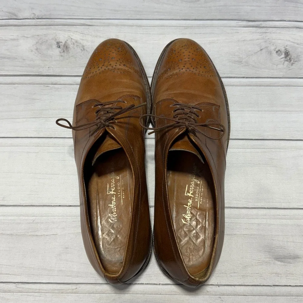 Salvatore Ferragamo Studio Derby Shoes Men 13 B Tan Leather Brogue Italy